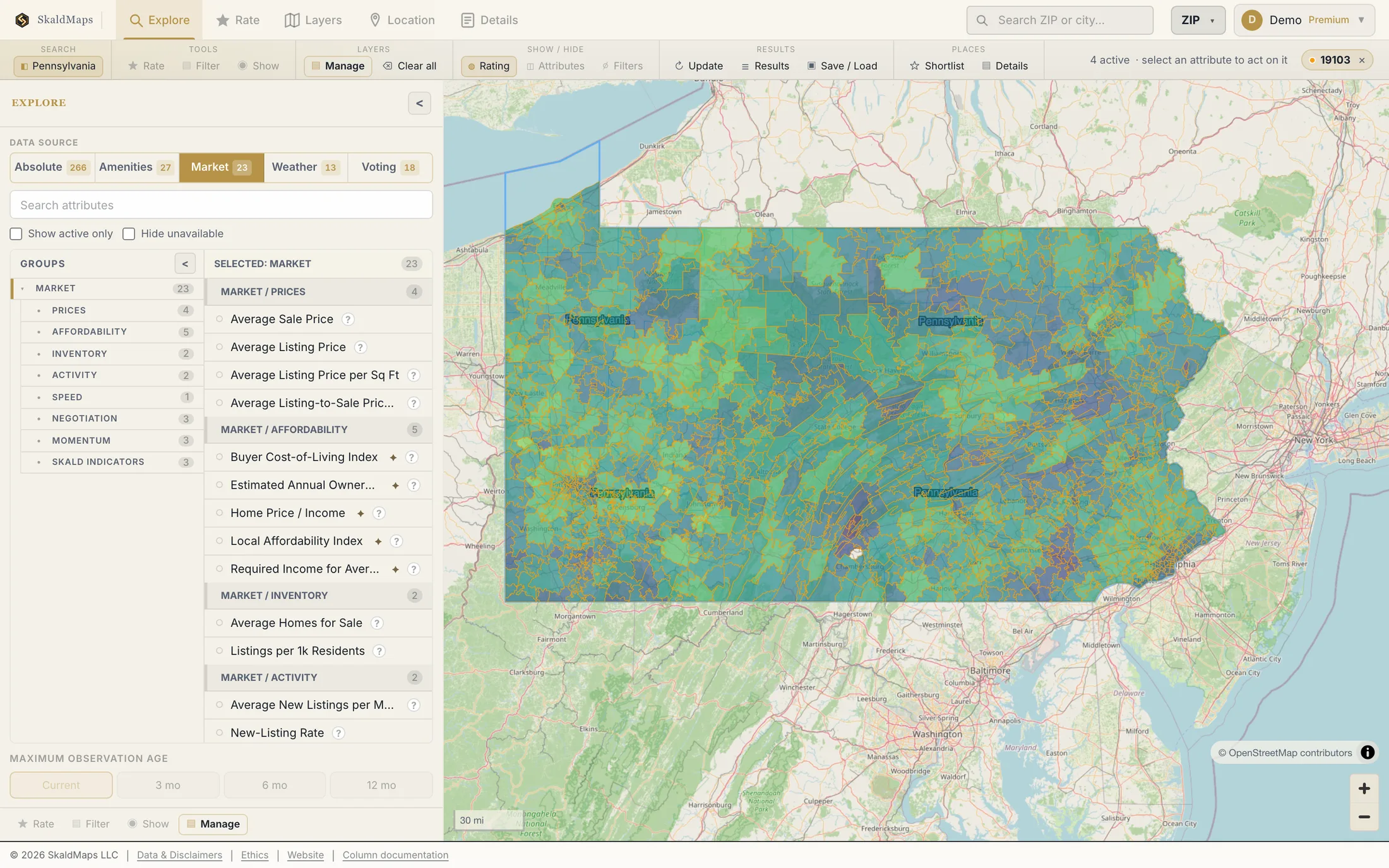 SkaldMaps showing Pennsylvania ZIP codes scored by a sample home-search model for schools, rent, healthcare access, and broadband.