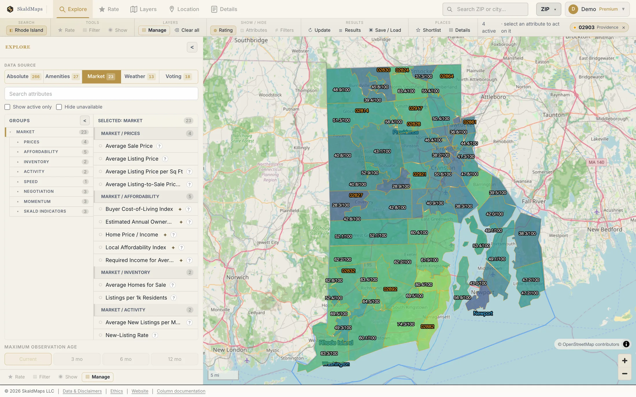 SkaldMaps showing Rhode Island ZIP codes scored by a sample home-search model for schools, rent, healthcare access, and broadband.