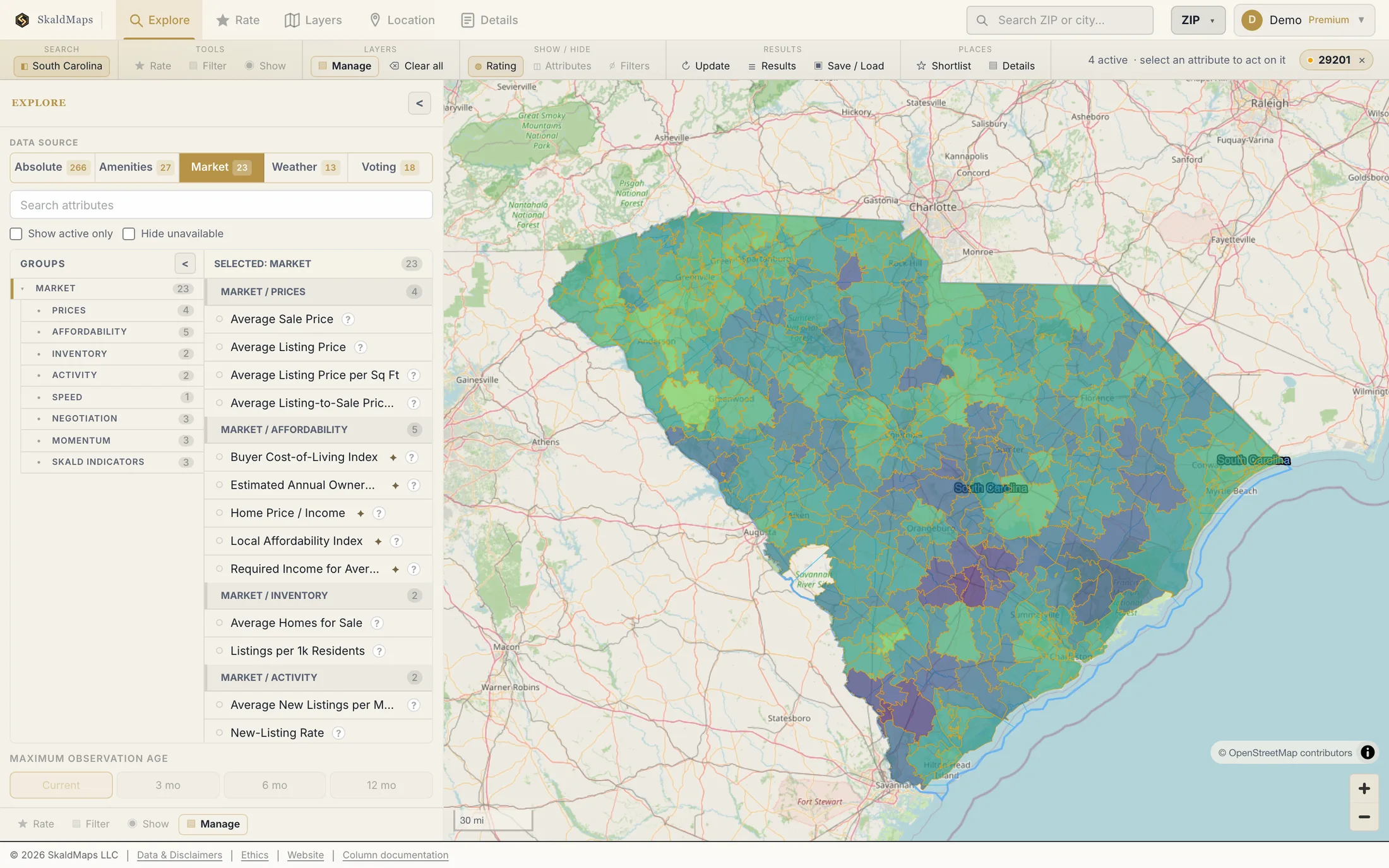 SkaldMaps showing South Carolina ZIP codes scored by a sample home-search model for schools, rent, healthcare access, and broadband.
