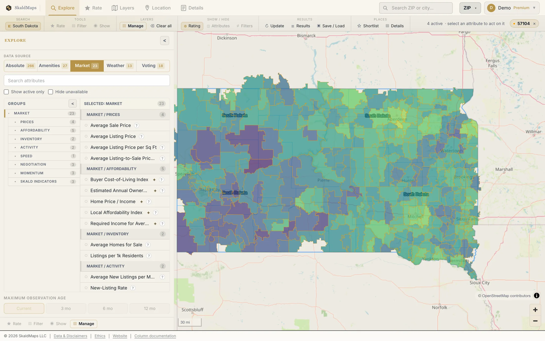SkaldMaps showing South Dakota ZIP codes scored by a sample home-search model for schools, rent, healthcare access, and broadband.