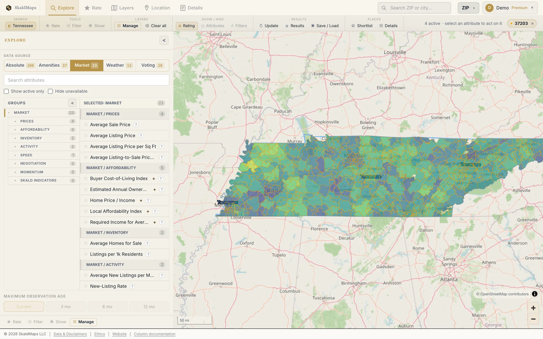 SkaldMaps showing Tennessee ZIP codes scored by a sample home-search model for schools, rent, healthcare access, and broadband.