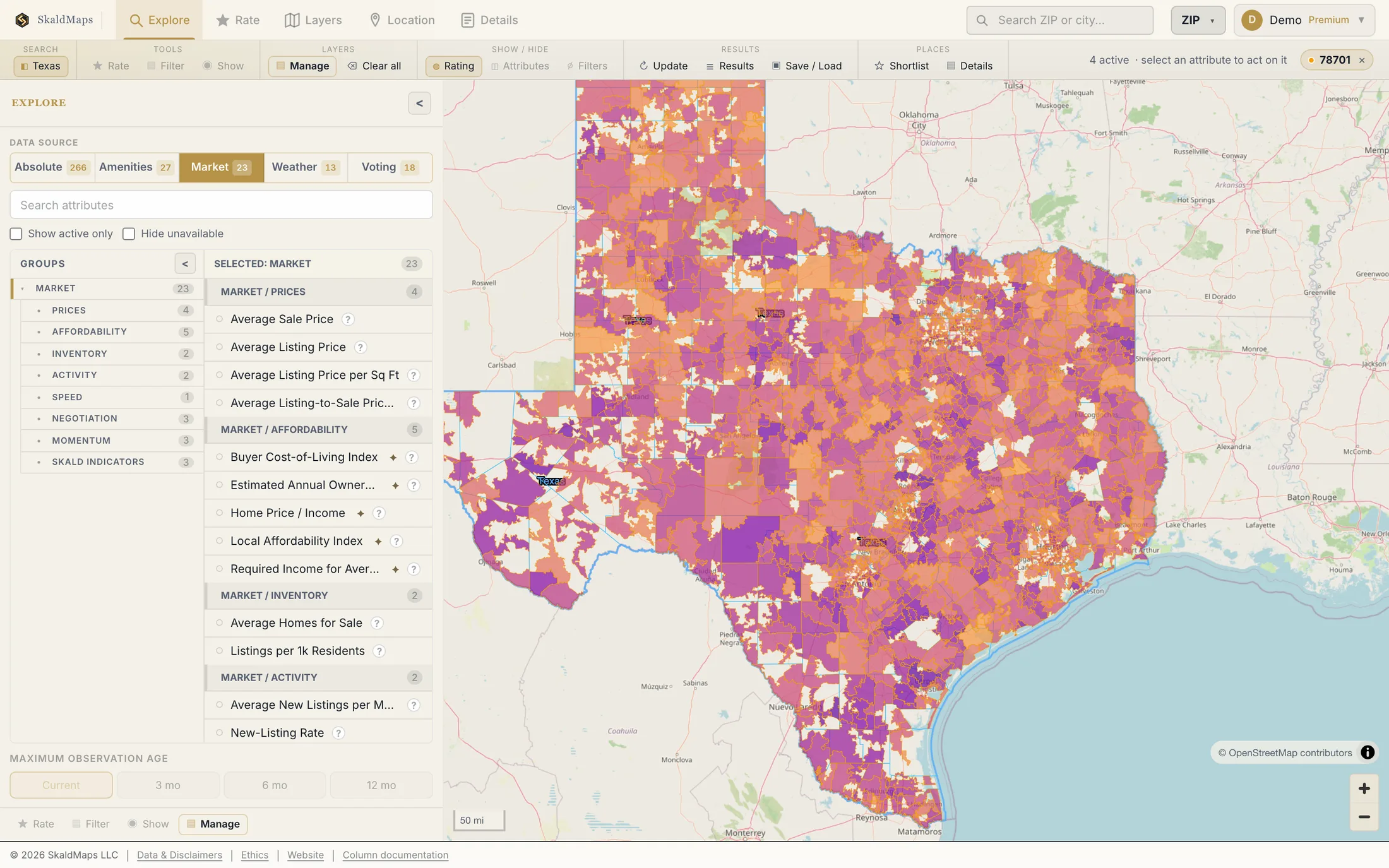 SkaldMaps showing Texas ZIP codes scored by a sample home-search model for schools, rent, healthcare access, and broadband.