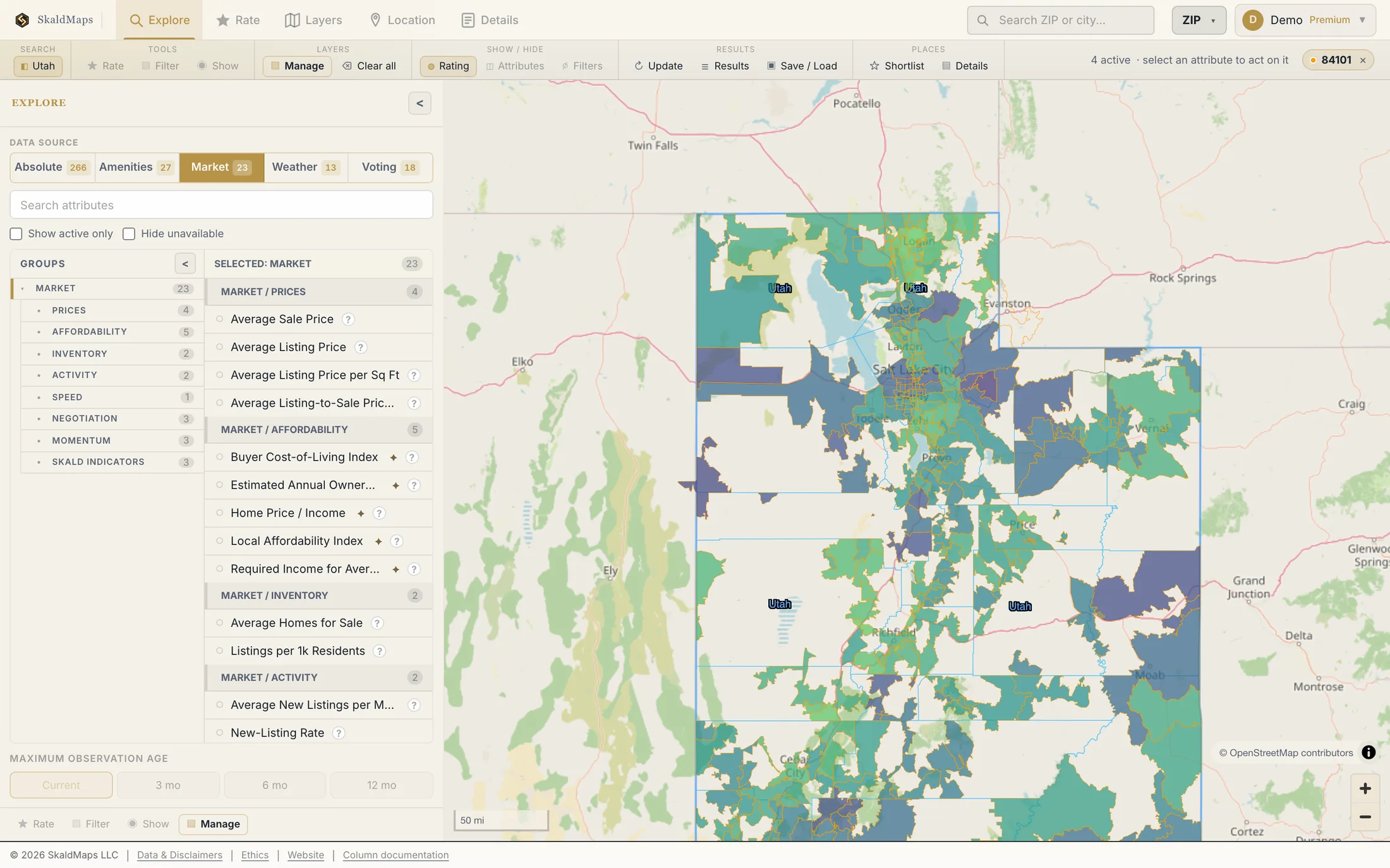 SkaldMaps showing Utah ZIP codes scored by a sample home-search model for schools, rent, healthcare access, and broadband.