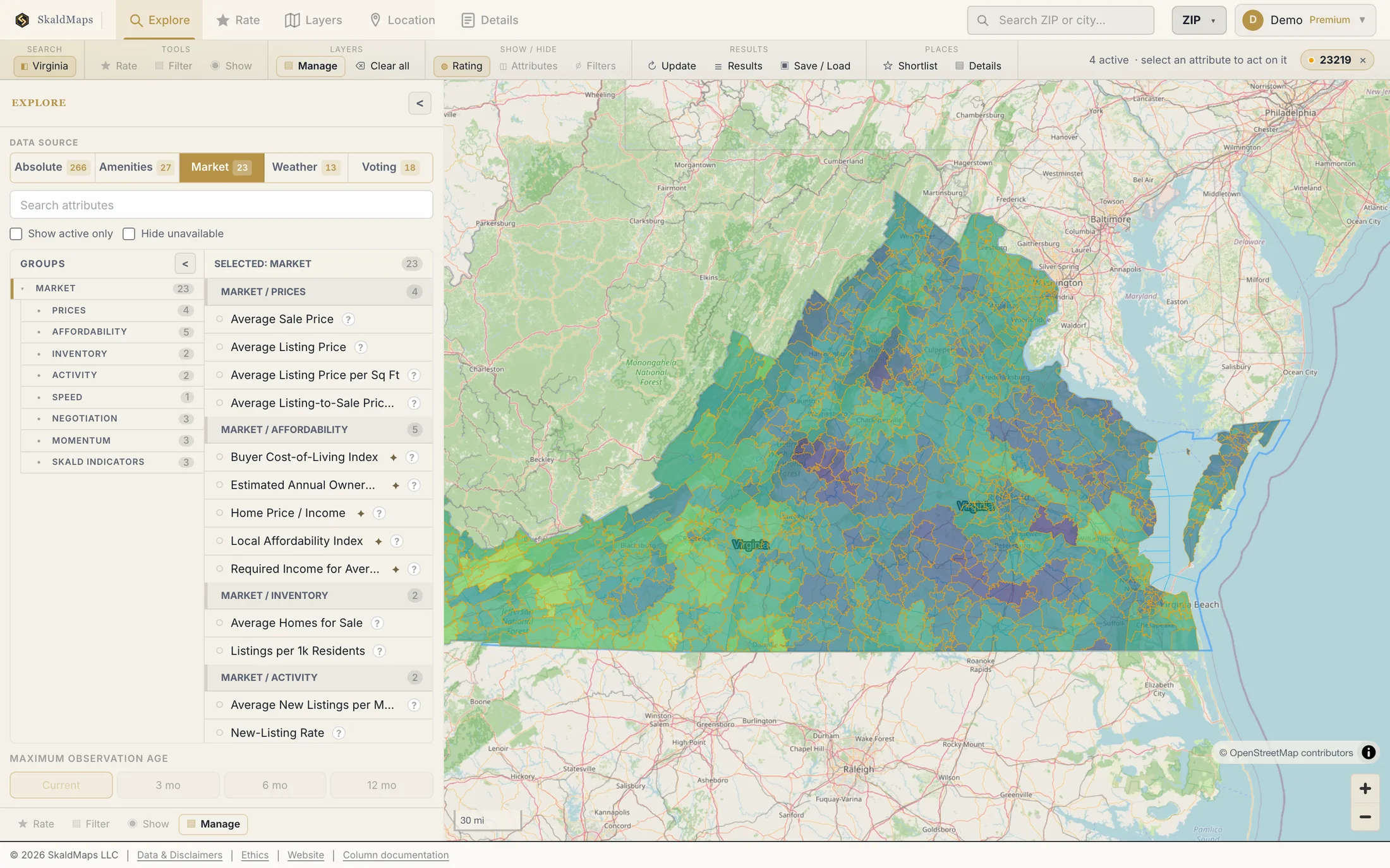 SkaldMaps showing Virginia ZIP codes scored by a sample home-search model for schools, rent, healthcare access, and broadband.