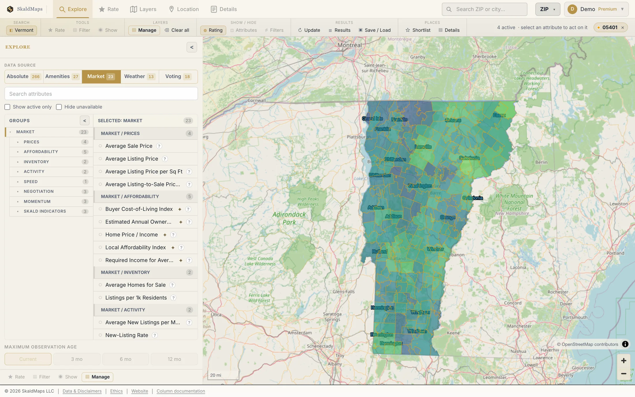 SkaldMaps showing Vermont ZIP codes scored by a sample home-search model for schools, rent, healthcare access, and broadband.
