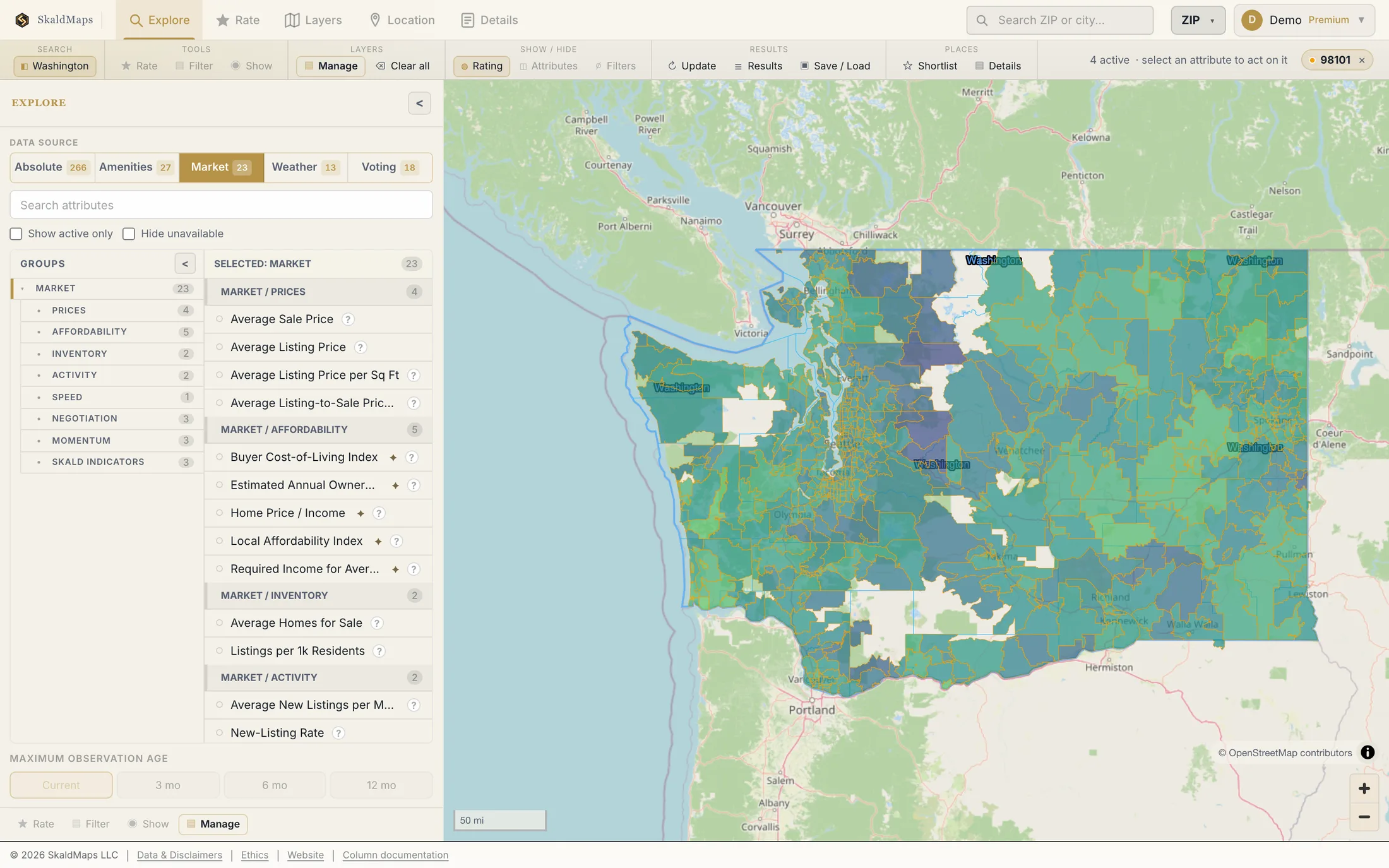 SkaldMaps showing Washington ZIP codes scored by a sample home-search model for schools, rent, healthcare access, and broadband.