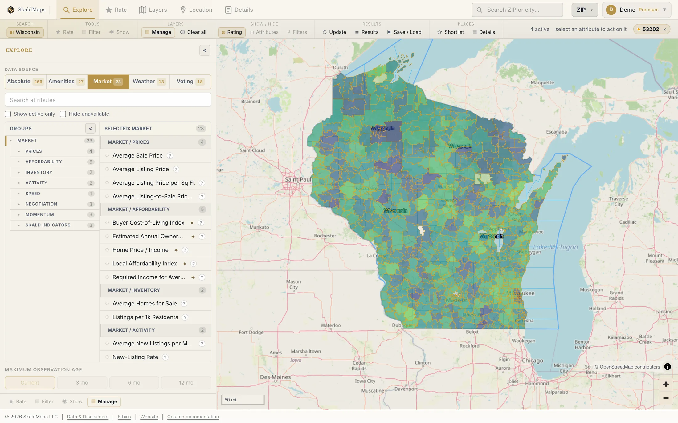 SkaldMaps showing Wisconsin ZIP codes scored by a sample home-search model for schools, rent, healthcare access, and broadband.