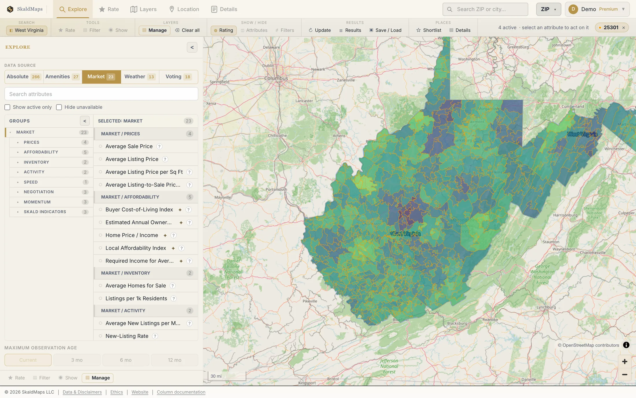 SkaldMaps showing West Virginia ZIP codes scored by a sample home-search model for schools, rent, healthcare access, and broadband.