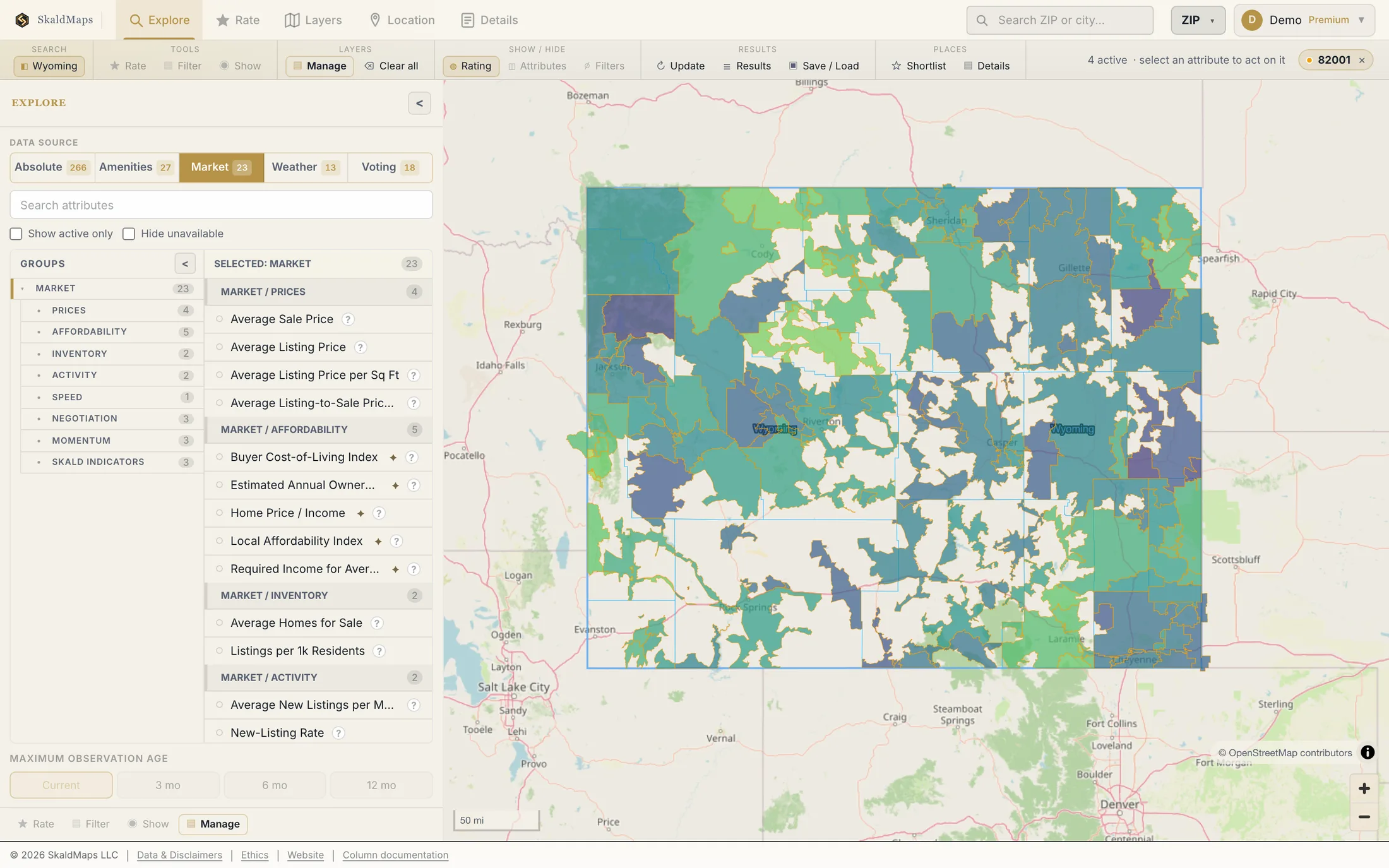 SkaldMaps showing Wyoming ZIP codes scored by a sample home-search model for schools, rent, healthcare access, and broadband.