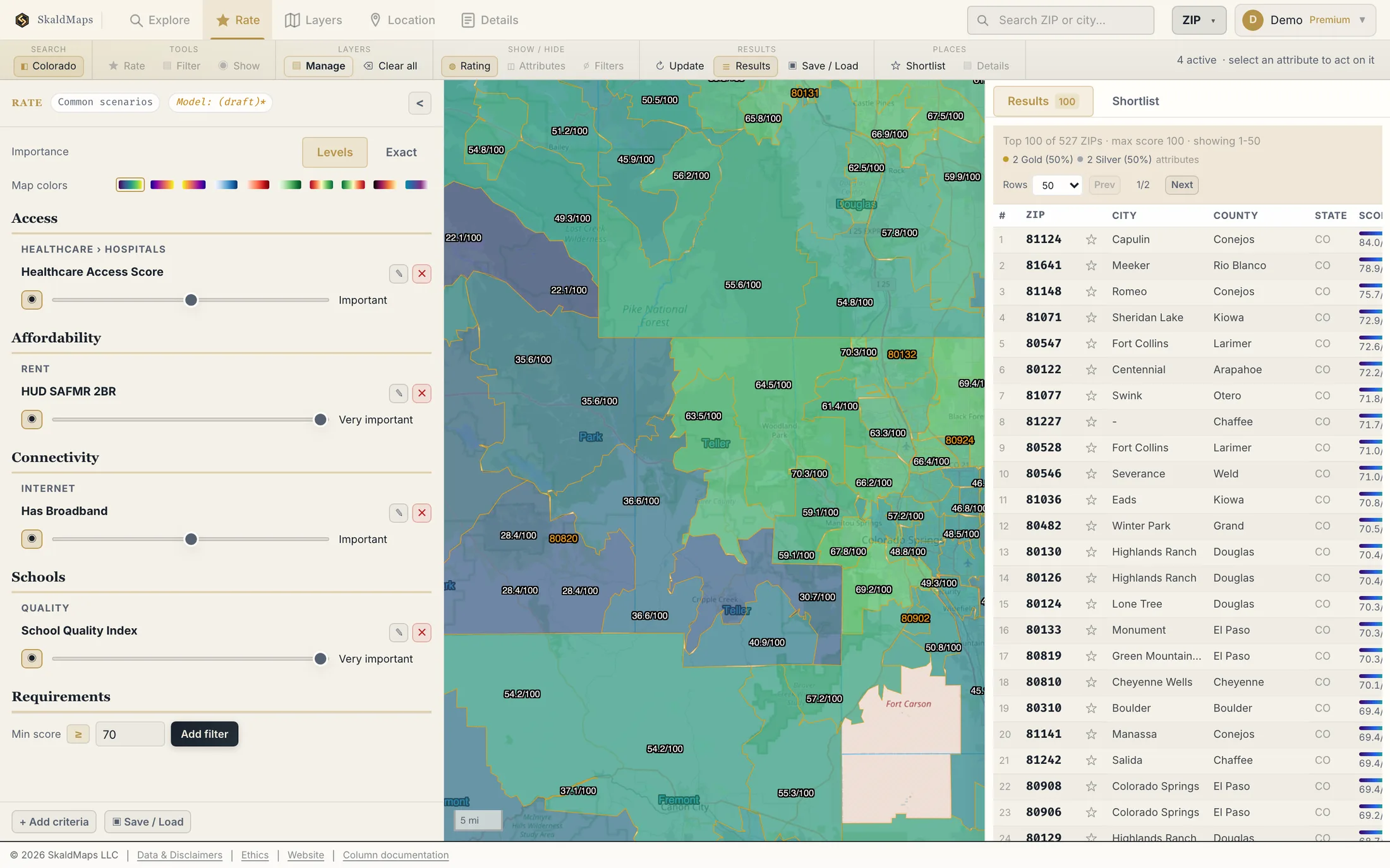 SkaldMaps rating results for Colorado ZIP codes with scores and the values for each criterion.